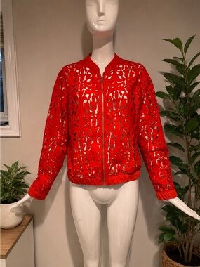 Peter Nygard Laser Cut Floral Bomber Jacket Bright Orange Size L